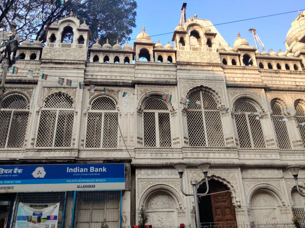 The Svetambar Jain Temple in Burrabazar dates to the late 19th century, reflecting a colonial-era fusion of Jain devotion and ornate Indo-European architecture